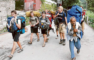 A group of foreign tourists leave Shimla as the tourist season ends.