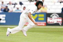 Indias Ishant Sharma delivers a ball to England As Joe Denly during the last day of the three-day match in Chelmsford