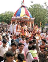 A view of the chariot of Lord Jagannath being pulled by devotees in the Capital on Monday.