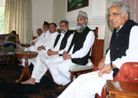 A PDP meeting being held under the chairmanship of chief patron Mufti Mohammed Sayeed (right) in Srinagar on Tuesday.