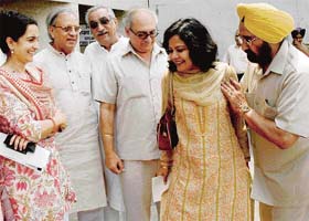 Haryana MLAs outside the Vidhan Sabha after casting their votes in the presidential poll. (L to R) Kiran Choudhry, Mahendra Pratap, A.C. Choudhry, Paramvir Singh, Sharda Rathaur and H.S. Chatha