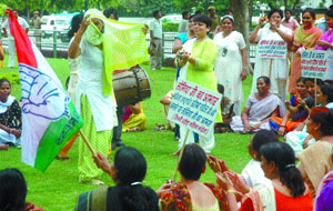 Congress Mahila activists celebrate the victory of UPA candidate Pratibha Patil in Presidential election in front of her residence in the Capital on Saturday.