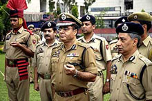 Kuldeep Khuda, DGP, J ammu and Kashmir police, interacts with police jawans during his first visit to the Police Lines, Jammu