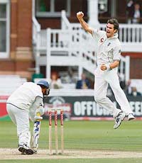Englands James Anderson is ecstatic on dismissing Dinesh Karthik during the fifth day of the first Test at Lords in London