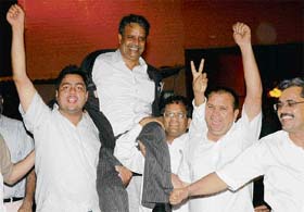 Tahar Singh (second from left) along with other lawyers in a jubilant mood outside the CBI office in Chandigarh