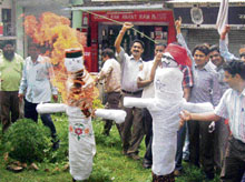 BJP workers burn effigies of Chief Minister Virbhadra Singh and ADGP B.S.Thind in Bilaspur on Tuesday.