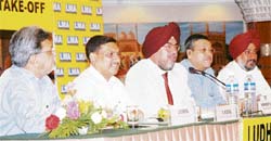 Chief commissioner of income tax, Ludhiana, Mandeep S. Rai, with other LMA office-bearers at a talk, 'India — On the Threshold to Take Off', organised in Ludhiana
