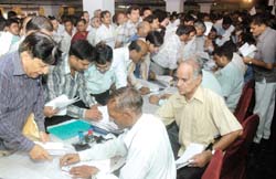 Rush for filing income tax returns at Mayur Bhavan, Connaught Place in the Capital