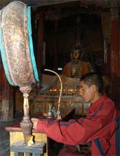 A young Buddhist monk offers prayer in front the Buddashak Yamuni in a temple at Hemis Monastery, 46 km Leh on Sunday. Hemis Gompa is the biggest gompa in Ladakh.