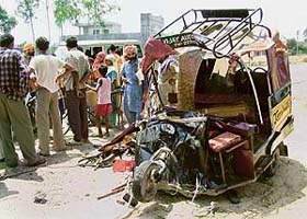 The remains of the auto-rickshaw which collided with a truck on the Amritsar-Jalandhar highway
