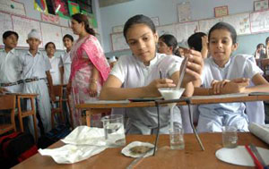 A girl busy with a project at DAV Public School in Patiala on Monday.