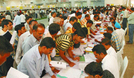 Last-day rush for filing IT returns at Pragati Maidan in the Capital on Tuesday. Tribune photo