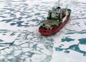 The Russian research vessel Akademik Fyodorov with mini-submarines on board sails in the Arctic Ocean
