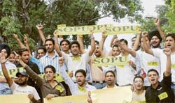 SOPU activists protest outside the VC’s office at Panjab University on Friday.
