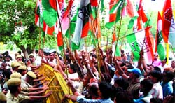 Activists of the DPCCommittee (J.J colony cell) demonstrate against the J.J cluster land grab at Parliament Street in the Capital