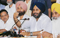 Sukhbir Badal, acting president of the SAD, at a press conference in Jalandhar on Friday.