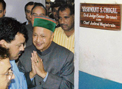 Chief Minister Virbhadra Singh comes out from the court after filing a case against Vijay Singh Mankotia in Shimla 