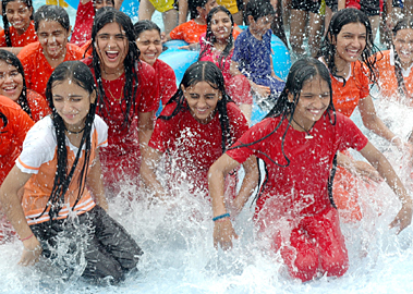 Girls from GBS Public School, Mustafabad (Haryana), have fun at the Dhillion Fun World in Patiala on Saturday.