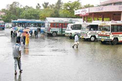 Owing to poor drainage, such is the scene at the Palampur bus stand whenever it rains, causing a lot of inconvenience to commuters in boarding buses.