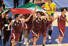 Iranian players rejoice after winning the Asian Basketball Championship in Tokushima, Japan, on Sunday. Iran beat Lebanon 74-69 in the final