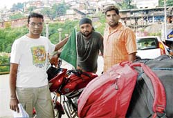 Manoj Kumar, Jaibir Virk and Surjeet Kumar, research scholars from Kurukshetra University, who are on a 1,600-km expedition on bikes, during their brief stopover at Shimla