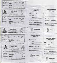 Voter slips show the same persons as voters in Ward No. 29 and Ward No. 52 in Ludhiana.