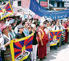 Members of the Tibetan Women Association and the Tibetan Youth Organisation hold a prtotest rally at Dharamsala on Wednesday for not inviting Tibet in the 2008 Olympics Games in China.