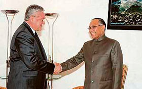 Ambassador for Russian Federation V.I.Turbnikov calls on Governor V.S. Kokje at Raj Bhavan in Shimla on Wednesday.