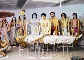 A mural shows a scene from the Mahabharata in which Bheeshma lies on a bed of arrows