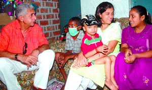 Actors Naseeruddin Shah and Ratna Pathak Shah interact with cancer patients in the Capital on Friday.