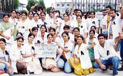 Interns of Baba Jaswant Singh Dental College and Hospital observe a strike in Ludhiana
