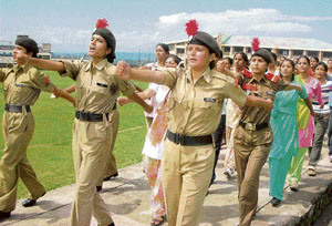 NCC cadets take part in a rehearsal for the coming Independence Day at Dharamsala.