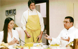 In Cheeni Kum, Amitabh Bachchan, a head cook with an Indian restaurant in London, prepares a meal to impress his father-in-law Paresh Rawal and Tabu.