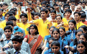 Youth members of Taal Group take an oath against drug addiction during the celebration of International Youth Day at Jantar Mantar in the Capital on Sunday.