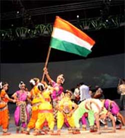 Artistes perform on the inaugural day of Bharat Utsav, a festival organised to mark 60th Independence Day in the Capital on Monday.