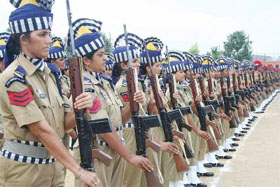 Women cops of the J&K police rehearse for the Independence Day parade in Jammu on Monday.