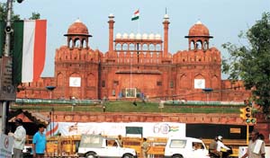 The Red Fort being decked up on the country's 60th Independence Day anniversary.