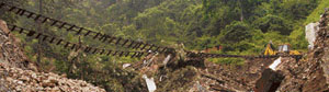 The railway track hanging in the air.