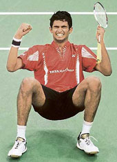Anup Sridhar exults after beating Malaysias Muhd Hafiz Hashim during the World Badminton Championship in Kuala Lumpur on Thursday. 