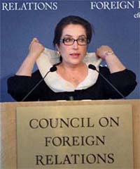 Former Prime Minister of Pakistan and Chairperson of Pakistan's People's Party Benazir Bhutto speaks at the Council on Foreign Relations in New York