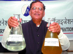 Dr Bindeshwar Pathak gives a presentation on the Sulabh technology of transforming human waste into clean water in the Capital on Friday.