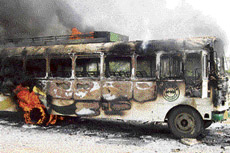 The Punjab Roadways bus which caught fire after an LPG cylinder in it leaked on the Amritsar-Jalandhar road on Friday.