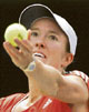 Belgiums Justine Henin prepares to serve against Chinas Peng Shuai during the third round of the Rogers Cup tennis tournament in Toronto on Thursday.