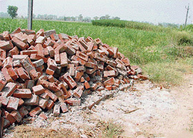 Bricks of the demolished wall seen on the road adjacent to Dharmendra’s land in Ludhiana