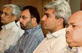(From Left) S.K Kulkarni, dean, university instructions, S.K Sandhu, finance secretary, science and technology, UT, M.S. Brar, director, science and technology, UT, and Suresh Aggarwal, director, ministry of new and renewable energy, attend the Rajiv Gandhi Akshay Urja Divas celebrations at the ICSSR Complex at Panjab University