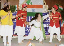 Members of the Gayatri Ladies Club present skit “Vande Mataram” in Ludhiana on Monday.