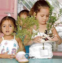 Children plant saplings in their shoes at Stowery Kids in Patiala on Tuesday.