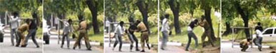ROLE REVERSAL: A sequence of images shows constable Vijay Pal being thrashed by some youths in front of MCM DAV College, Sector 36, Chandigarh, on Tuesday.