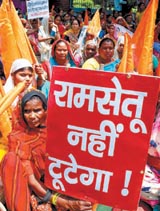Women activists of the Bhartiya Jan Shakti Party protest against the Setusamudram project at Sansad Marg in theCapital on Tuesday.