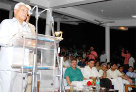 Dr A.R. Kidwai, Governor of Haryana, addresses audience after staging of a play on the first war of Independence at the Madhuban Police Academy, Karnal, on Monday.